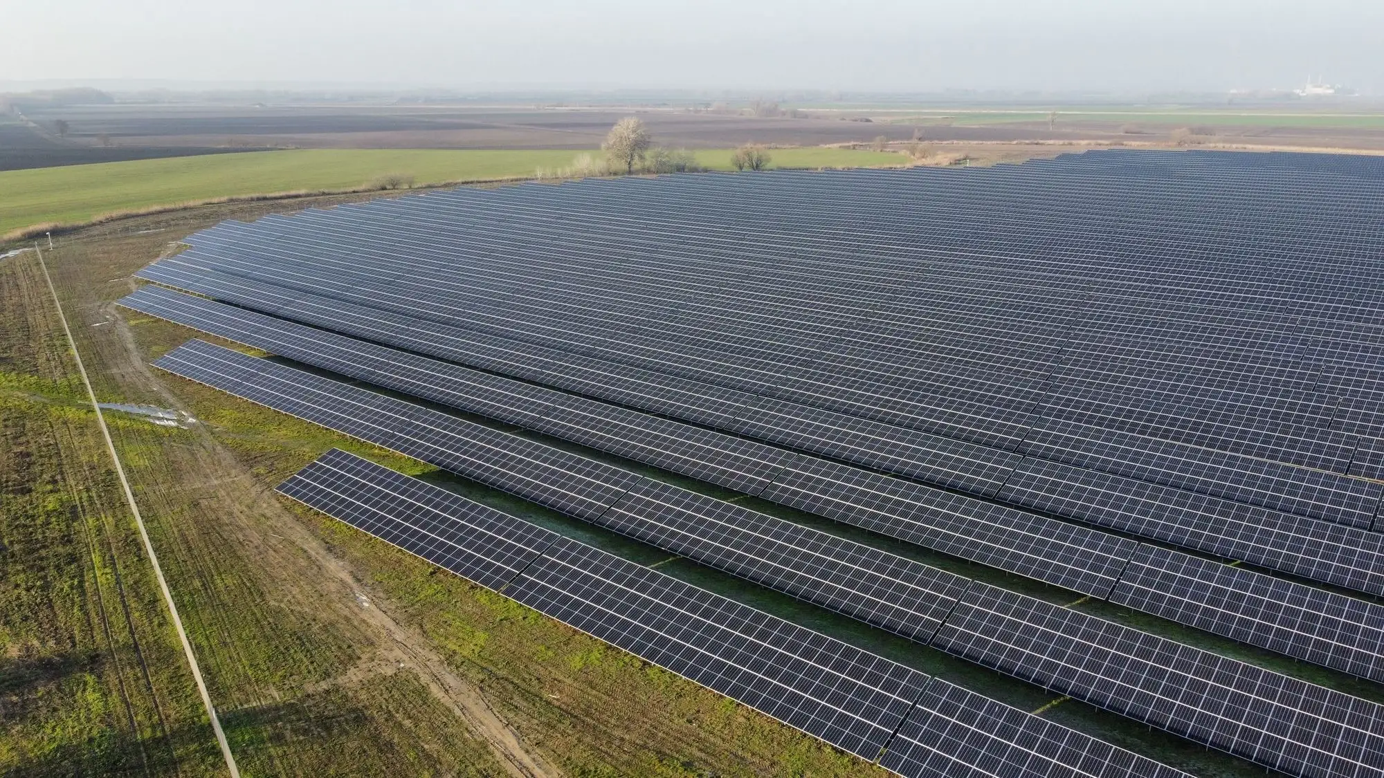 Aerial view of a solar farm in farmland